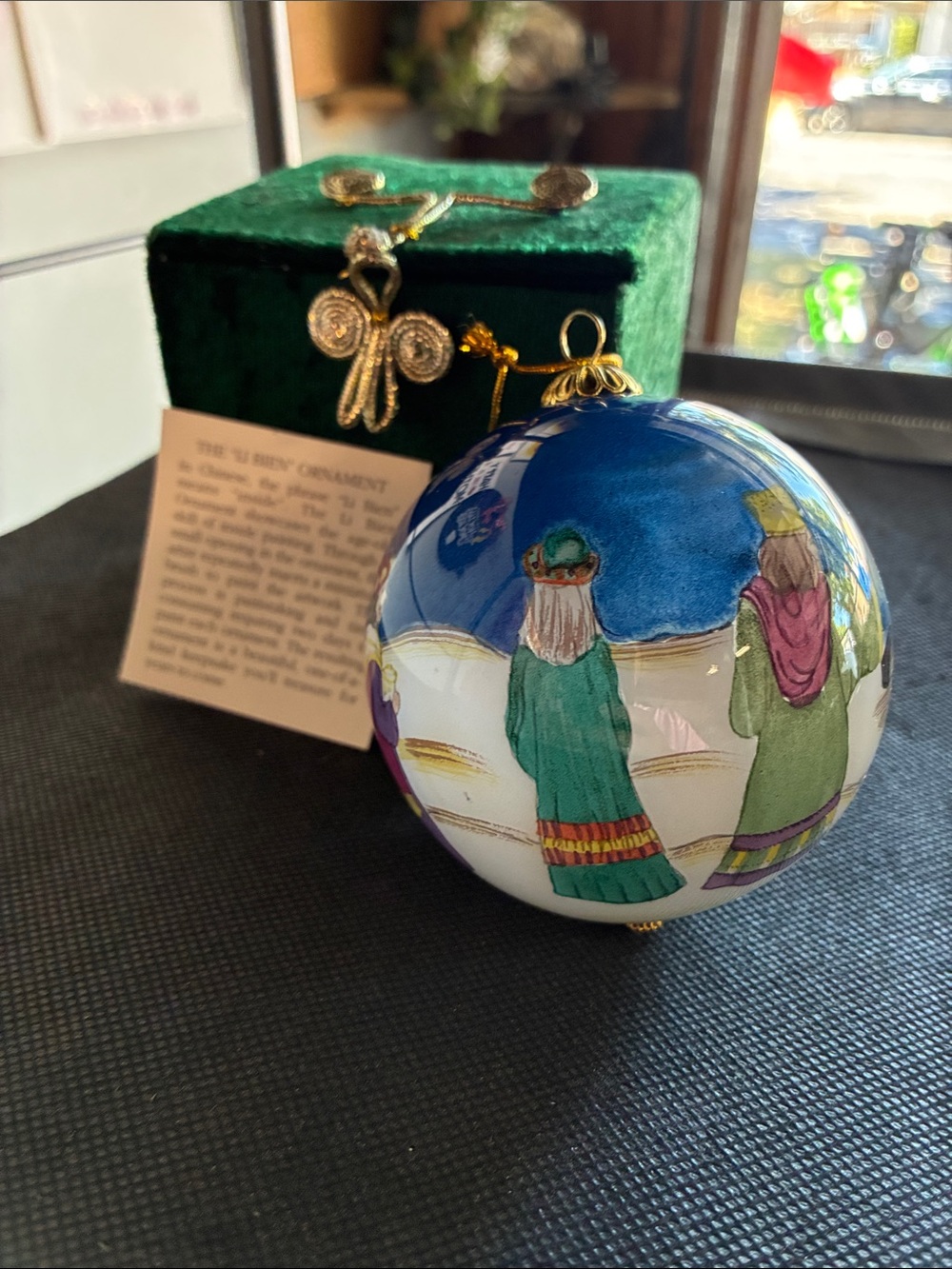 Hand-Painted Nativity Glass Ornament - Green & Blue